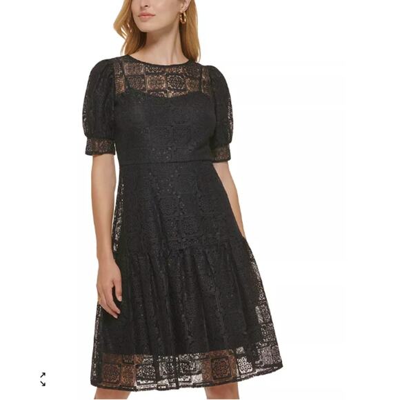 CALVIN KLEIN NWT Black Puff Sleeve Tiered Hem Lace  Dress // 8 - Picture 1 of 14